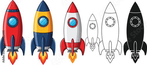 Cute Cartoon Style Rocket Ship Collection Vector Illustration Set Flying Into Outer Space Launching Success Start-up Business Innovation Technology Adventure Exploration Discovery Journey Growth Speed