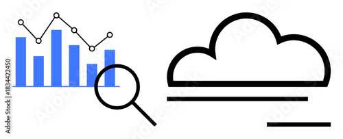 Data analytics, cloud computing, technology, business intelligence, internet services, visualization. Bar chart with line graph, cloud icon and magnifying glass. Data analytics and cloud computing