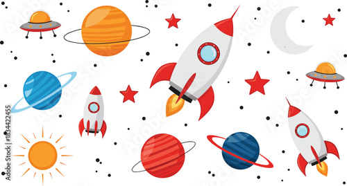 Cute Cartoon Outer Space Adventure Background with Rockets, Planets, Stars, Sun, Moon, and UFOs, Perfect Vector Illustration for Children's Book Covers and Nursery Wallpaper