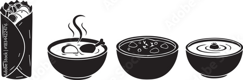 Black and white illustration of a burrito and three bowls of food