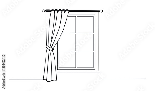 Simple line drawing of a window with draped curtains. Suitable for interior design, home, and architectural concepts.