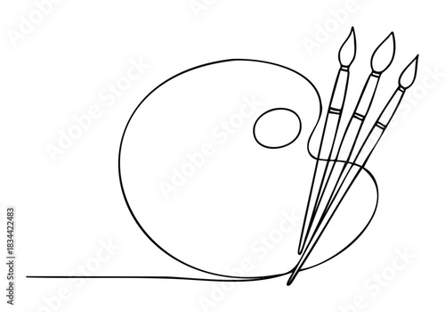 Minimalist line art of a painters palette and brushes, ideal for expressing creativity, tools, and the fine arts.
