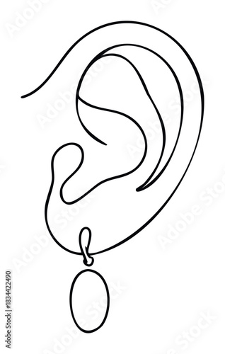 Minimalist line drawing of a human ear and earring. Ideal for presentations, websites, and medical or beautyrelated visual materials.