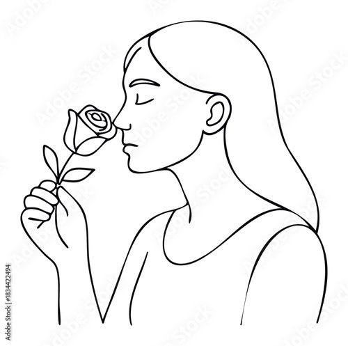 A simple line sketch of a woman enjoying a rose, suitable for concepts of romance, nature, and selfcare for marketing.