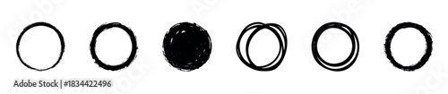Six grunge circle shapes with varied textures and line styles, ideal for graphic design, logos, and abstract compositions.