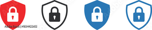Collection of shield icons with padlock symbol representing security, safety, and protection in different colors.