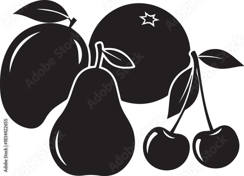 Silhouette of assorted fruits including mango pear orange and cherries