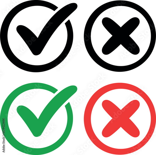 Four checkmarks and crosses symbols, isolated on white, representing yes and no choices checkmark, cross, yes, no, correct, incorrect