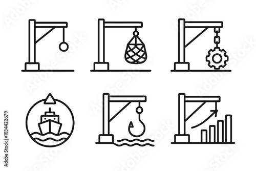 Nautical Boom Icons. Line style icons of nautical boom yield: swinging arm, harvest bag, result chain, ship indicator, ocean hook,