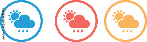 Three weather icons in blue, red, and yellow circles depicting sun behind a cloud with rain