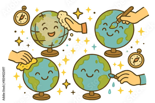 Globe Makeover Scene. Adorable doodle scene of cheerful old globes getting cleaned and repainted by happy hands, surrounded by