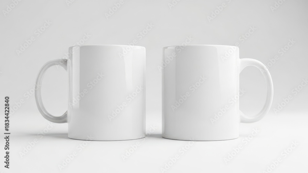 Fototapeta premium Two blank white mugs side by side with a clean white background, perfect for mockups