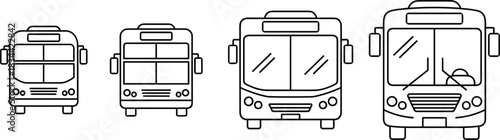 Front View Line Art Collection of Four Different Sized Public Transportation Buses Illustrations Vector Graphic Outline Icons Set for City Travel Passenger Service and Commuting