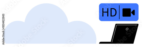 Cloud access, video streaming, online meetings, HD media, wireless transfer, remote work. A cloud shape, HD video symbol and laptop graphic. Cloud access and video streaming concept