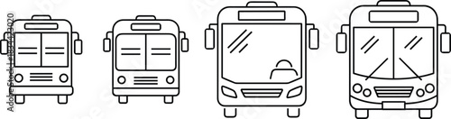 Front View Outline Drawing of Different Sizes and Types of Public City Buses and School Transport Vehicles, Collection of Simple Vector Line Art Icons for Travel, Commuting,