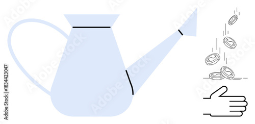 Financial planning, investment, growth strategy, saving money, wealth management, business success. A watering can pouring coins into a hand. Financial planning and investment concept