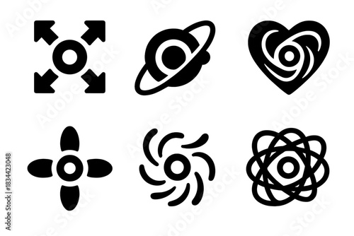 Kinetic Core Icons. olid style icons of intricate kinetic cores: moving core, dynamic center, kinetic heart, active nucleus,