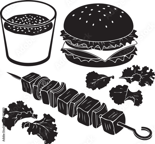 Black and white illustration of a hamburger kebab and drink