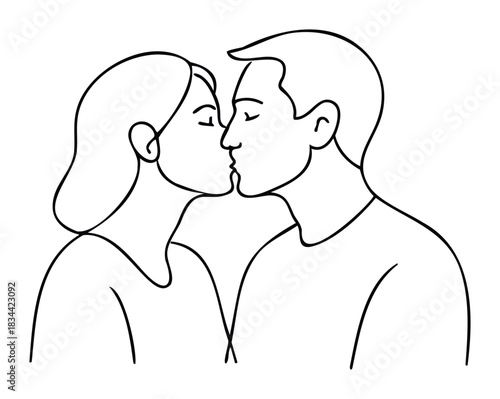 Simple line artwork of a man and woman kissing, conveying affection and intimacy, suitable for romantic messages and personal connections.