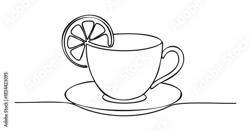 Line art teacup with lemon slice and saucer, suitable for drinkrelated themes, menus, and wellness projects.