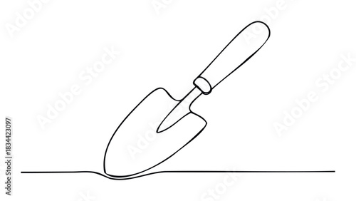 A single line sketch of a garden trowel, symbolizing planting, digging, and soil work. Ideal for gardening resources and organic themes.