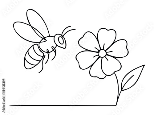 A line drawing of a bee approaching a flower represents nature, life, and pollination. This graphic is suitable for springtime themes and organic branding.