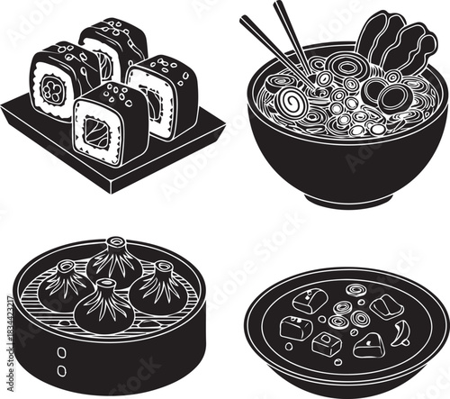 Four delicious asian food illustrations sushi dumplings noodles and more