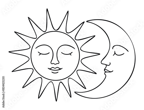 Symbolic depiction of the sun and moon with closed eyes and gentle expressions, representing harmony and balance for spiritual or celestial themes.