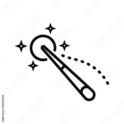 Black outline magic wand with stars and dotted trail sparkle fantasy