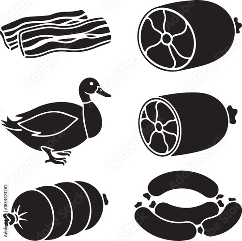 Collection of meat products and a duck illustration