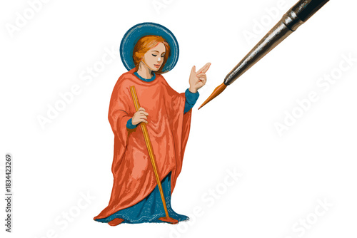 Miniature Painting Masterpiece. a fine miniature-painting brush adding color to a tiny illuminated figure, coral and sapphire