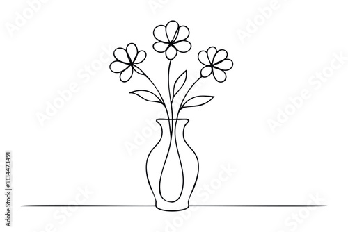 Minimalist single line drawing featuring a vase holding three flowers. Ideal for natural themes, greeting cards, and simple decor applications.