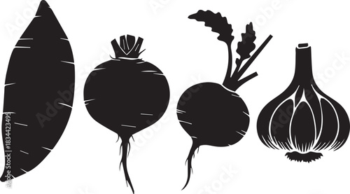 Black silhouette of four root vegetables and garlic on white background