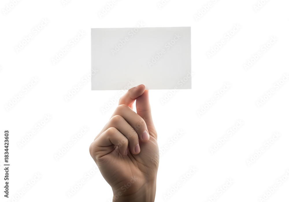 Fototapeta premium Hand holding a blank white business card against a white background, perfect for adding custom text or images