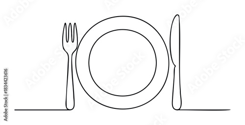 A simple outline of a fork, plate, and knife creates a visual representation of dining, suitable for foodrelated businesses and hospitality services.