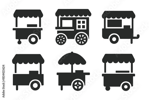 Whimsical Traveling Shops Icons. Solid style icons of whimsical traveling shops: rolling stall, traveling booth, wandering kiosk,
