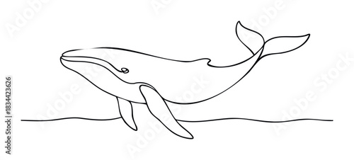 A single line captures a whales elegant motion in ocean waves, suitable for sea life themes and conservation messaging.