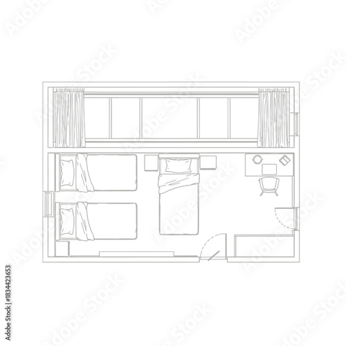 Top View Floor Plan Of A Room With Two Beds And Desk
