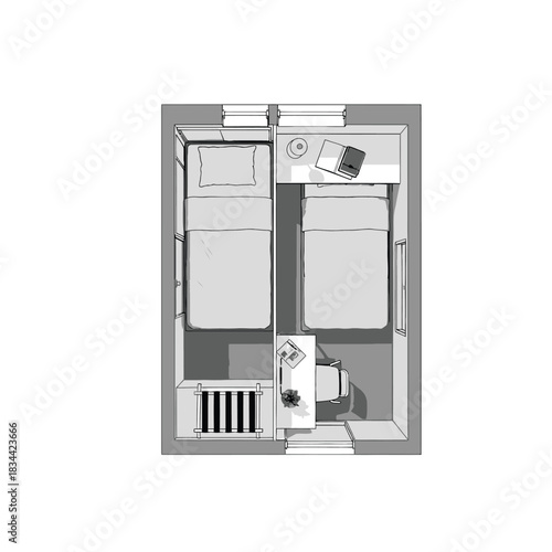 Top-down view of a small room with two beds and a desk