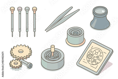 Watchmaking Tools Illustration. Isometric vector illustration set of horology precision tools: watchmaker screwdrivers, tweezers,