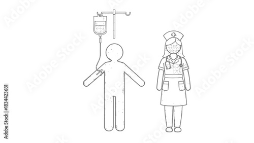 Patient receiving IV drip with nurse line art medical