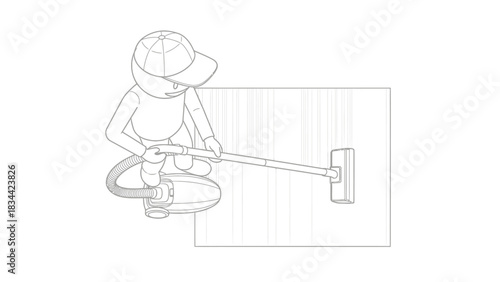 Stick figure cleaning with vacuum cleaner and hose