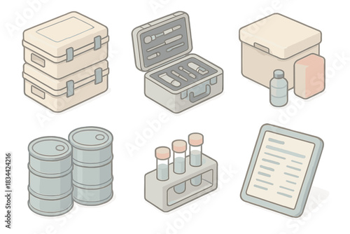 Remote Research Supplies. Isometric vector illustration set of remote research base supplies: insulated storage containers,