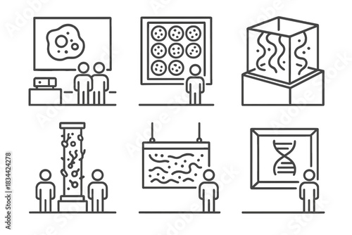 BioArt Icons Gallery. Line style icons of BioArt installations in galleries: glowing cell projection, petri dish wall grid,