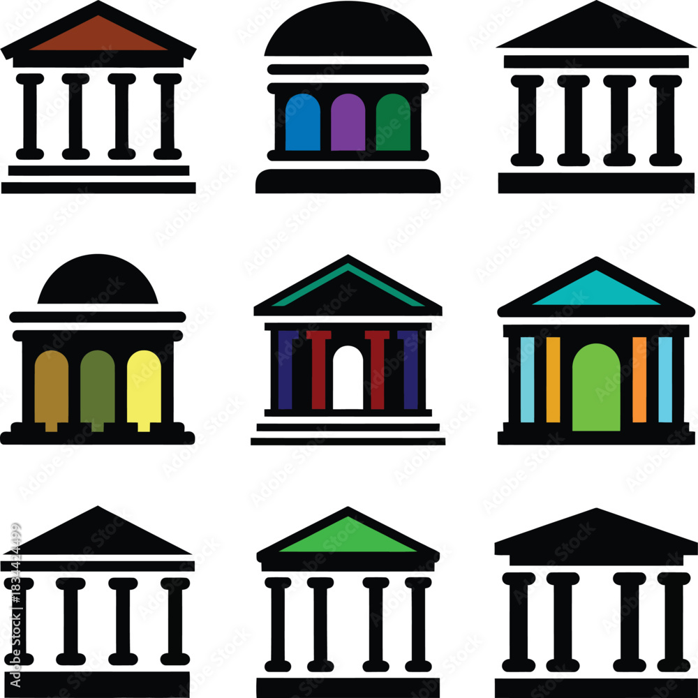 Fototapeta premium Collection of stylized classical building icons with colorful entrances