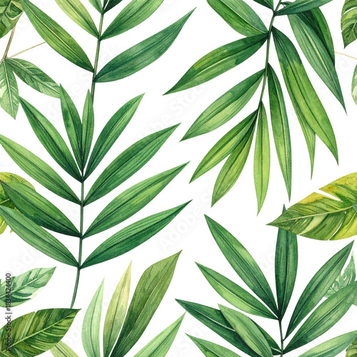 Lush watercolor tropical leaves arranged over black, creating a vibrant pattern