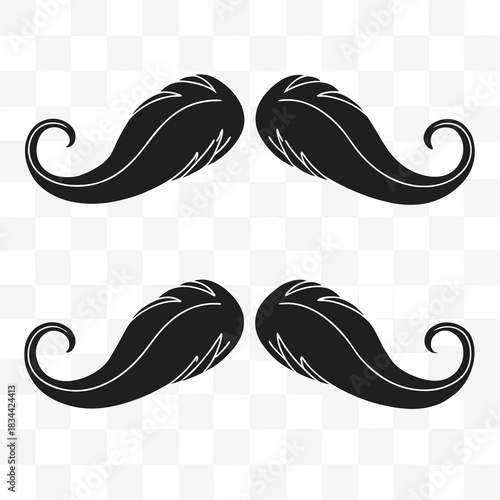 Vector illustration four stylized black handlebar mustache shapes arranged in two rows against a transparent background