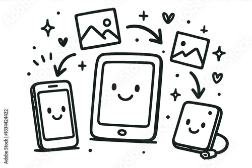 Friendly Device Exchange. Playful doodle composition showing friendly devices — phone, tablet, and external drive — sharing