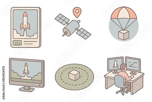 Launch Control Display. Isometric vector illustration set of experimental launch tracking: takeoff control interface, satellite