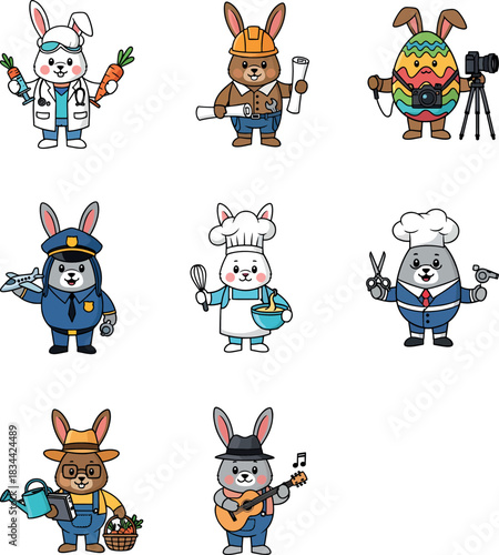Cartoon Bunny Professions Character Set